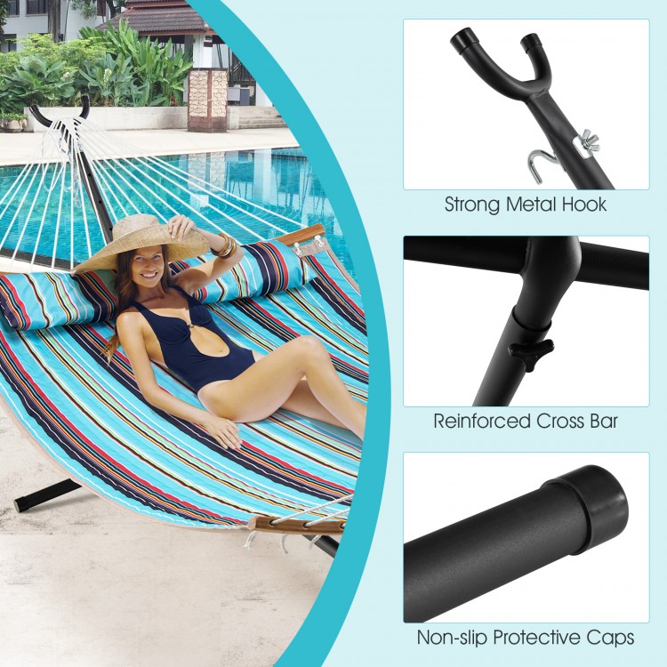 Two-person hammock stand with powder-coated steel frame, adjustable heights, and carrying bag for outdoor relaxation.