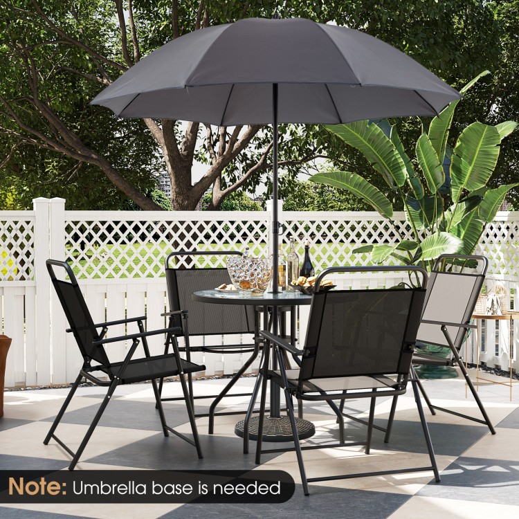 6-piece gray patio dining set featuring a glass table, folding chairs, and a 71" tilt umbrella for outdoor relaxation.