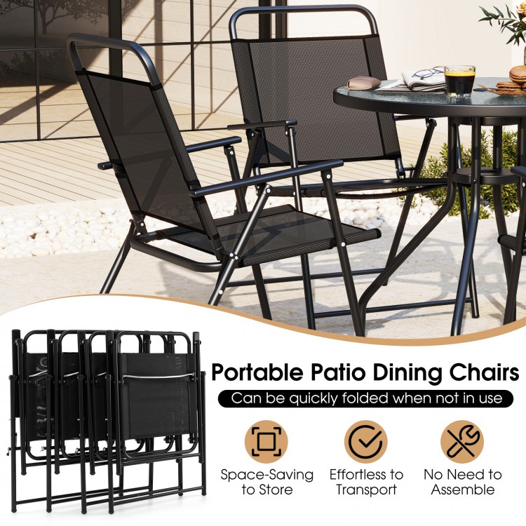 Folding patio dining chairs with ergonomic armrests and breathable fabric, perfect for outdoor relaxation and easy.
