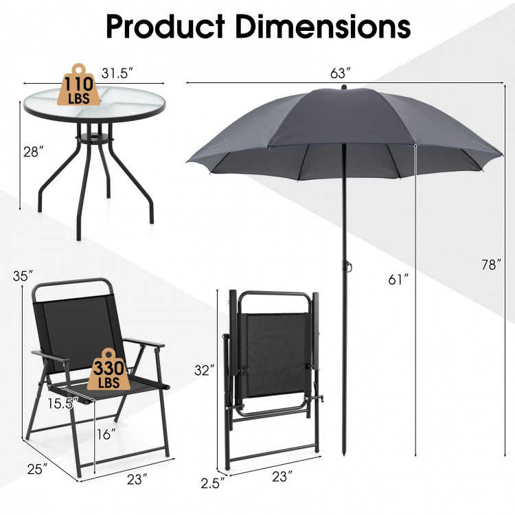 Dimensions of the 6-piece patio dining set including folding chairs, glass table, and tilt umbrella for outdoor use.