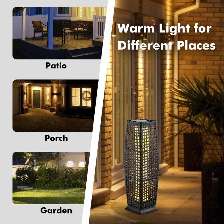 Square wicker solar-powered floor lamp with warm yellow light, ideal for patio, porch, and garden use.