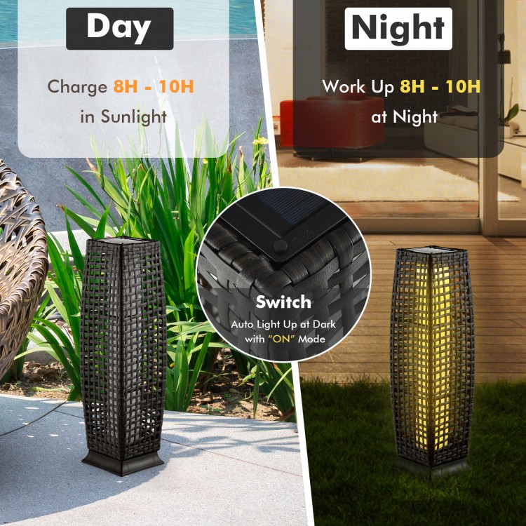 Solar-powered square wicker floor lamp in black, featuring 150-lumen warm yellow light for outdoor use.