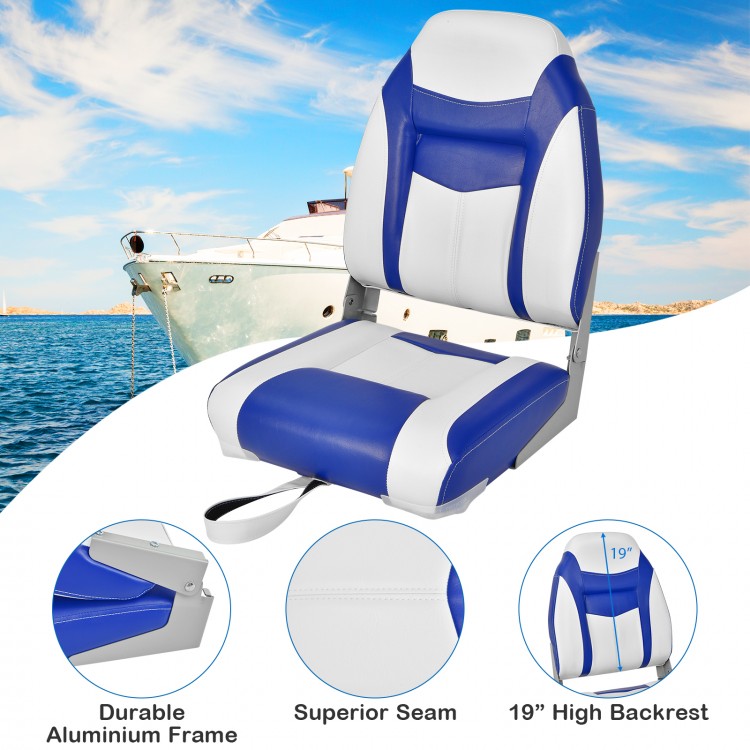High back folding boat seat in blue and white with soft cushion, aluminum hinges, and ergonomic support for outdoor use.
