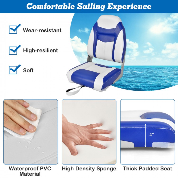 High back folding boat seat in blue and white with soft padded cushion, waterproof PVC, and aluminum hinges for.