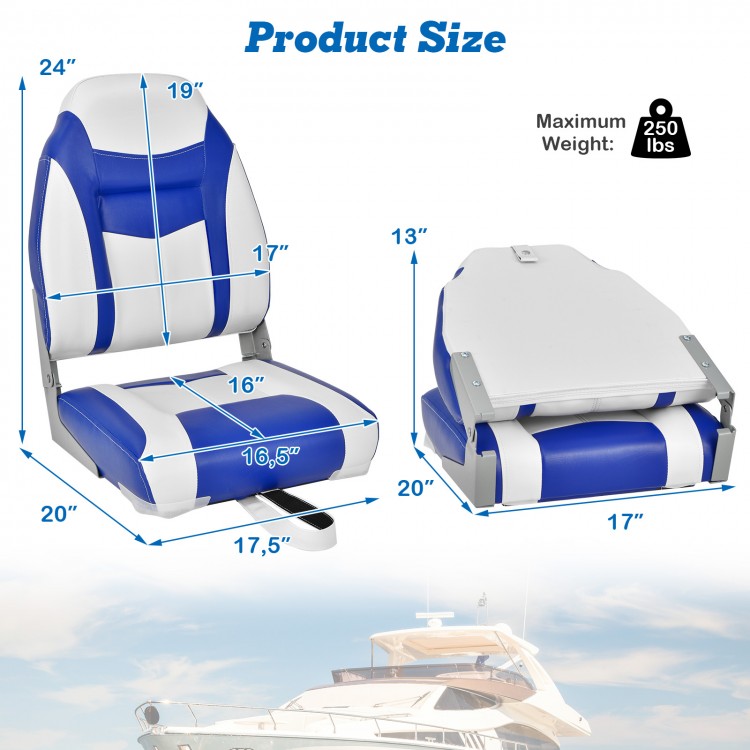 High back folding boat seat with blue and white sponge cushion, featuring aluminum hinges and ergonomic support for.