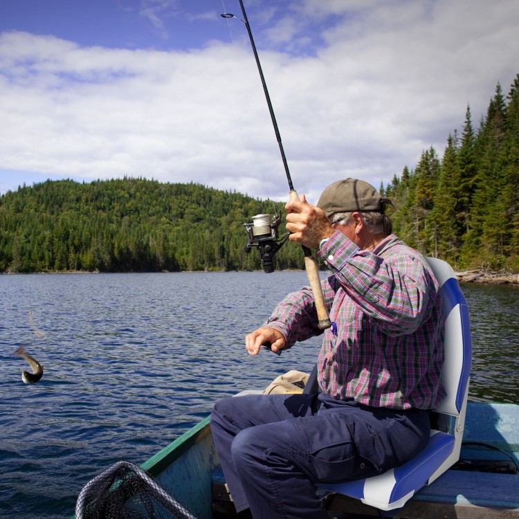 High back folding boat seat in blue with sponge cushion, providing ergonomic support for comfortable fishing trips.