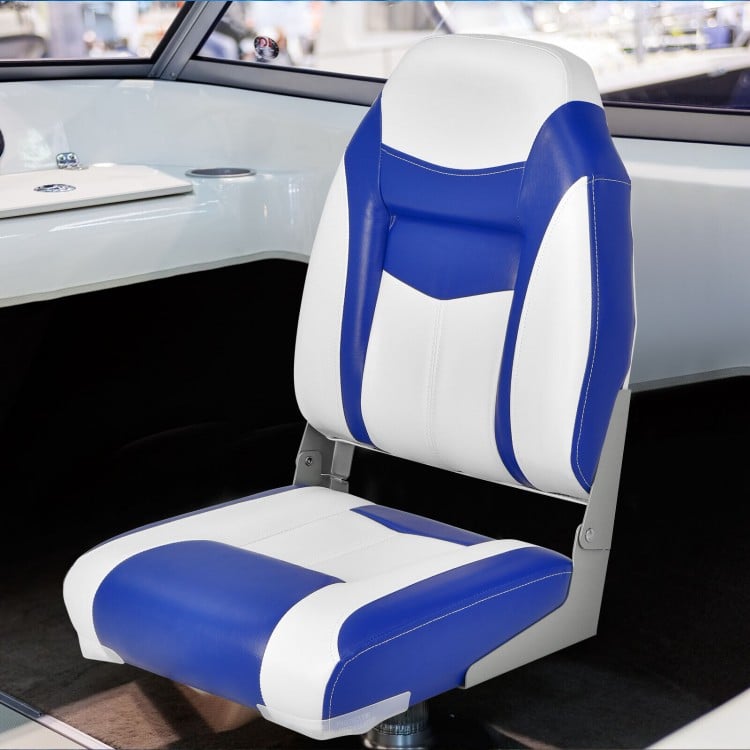 High back folding boat seat in blue and white with sponge cushion, designed for comfort and durability in outdoor use.