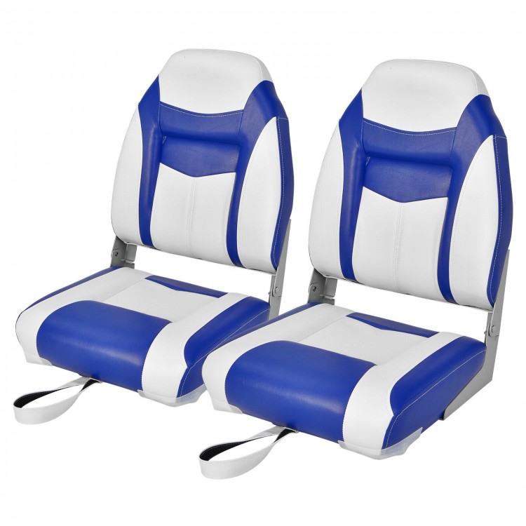High back folding boat seat set in blue and white with sponge cushion, ergonomic design for comfort and support.