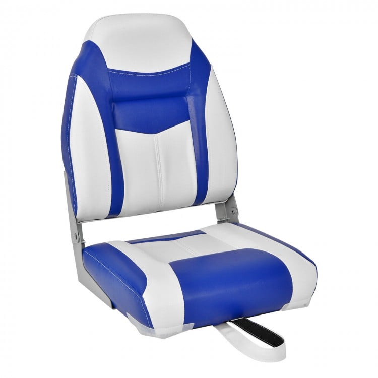 High back folding boat seat in blue and white with sponge cushion, ergonomic design for comfort and support.