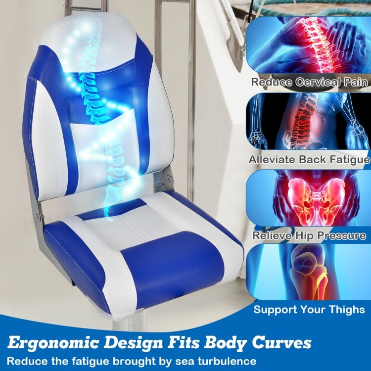 High back folding boat seat set in blue with ergonomic design, sponge cushion, and durable waterproof PVC for comfort.