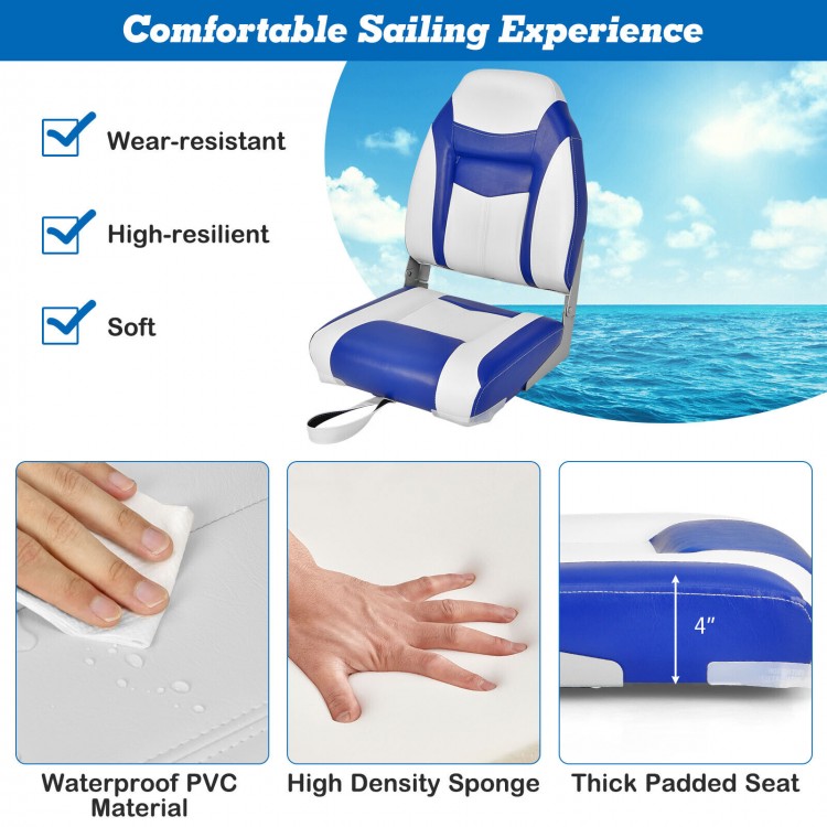 High back folding boat seat set in blue with soft padded cushion, waterproof PVC, ideal for outdoor use.