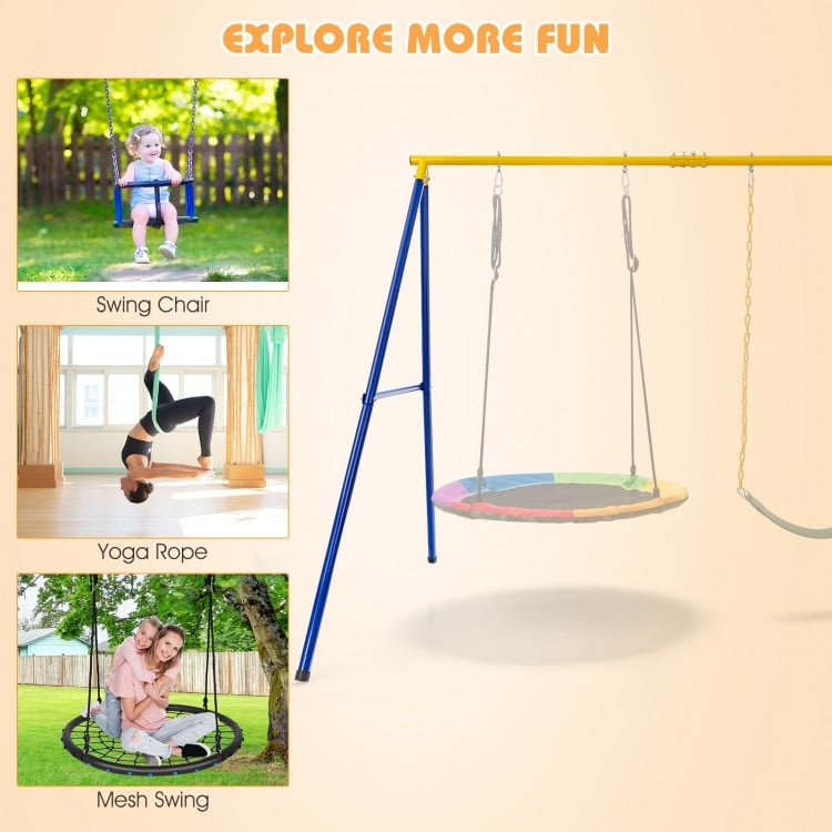 Extra-large A-shaped swing stand in yellow, made of durable steel, supports 660 lbs for multiple swing types outdoors.