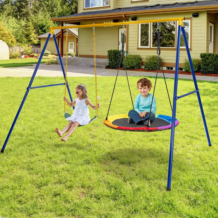 A-frame swing stand in yellow with anti-slip footpads, supporting 660 lbs, ideal for backyard swing setups.