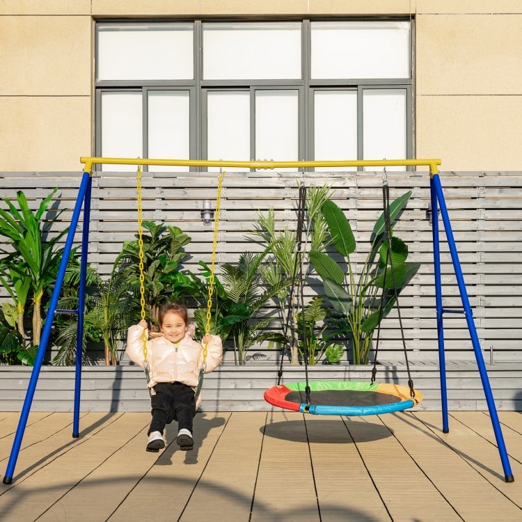 Extra-large A-frame swing stand in yellow, supporting 660 lbs, with anti-slip footpads for outdoor fun.