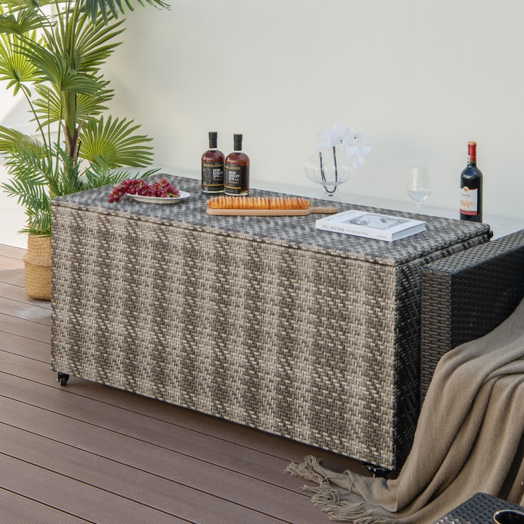 Gray PE wicker outdoor storage box with 96-gallon capacity and 4 wheels, ideal for cushions and versatile use.
