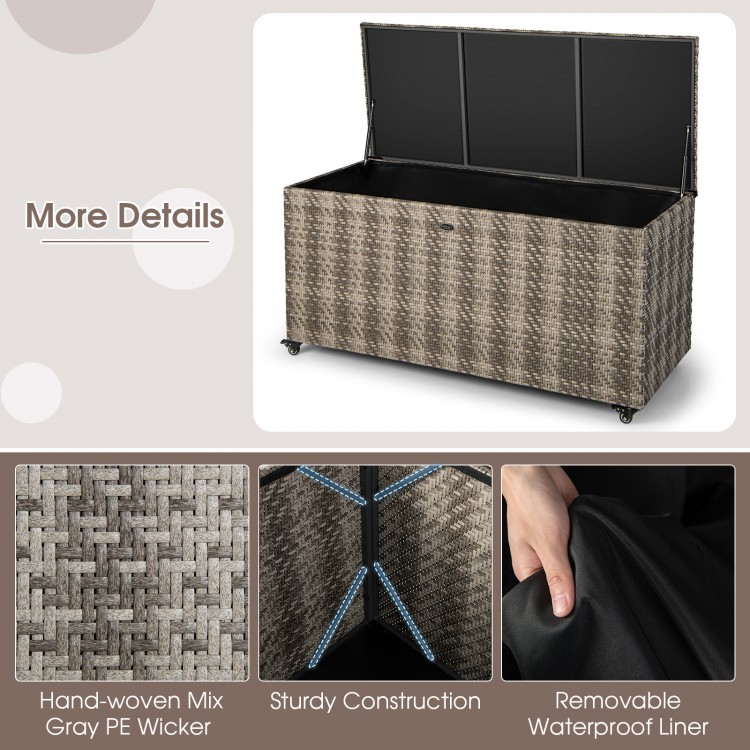 Gray 96-gallon PE wicker outdoor storage box with wheels, waterproof liner, and sturdy construction for versatile use.