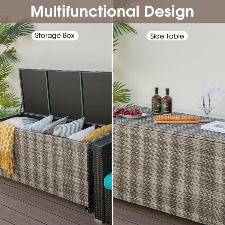 Multifunctional 96-gallon PE wicker outdoor storage box with wheels, serving as a side table and storage solution.