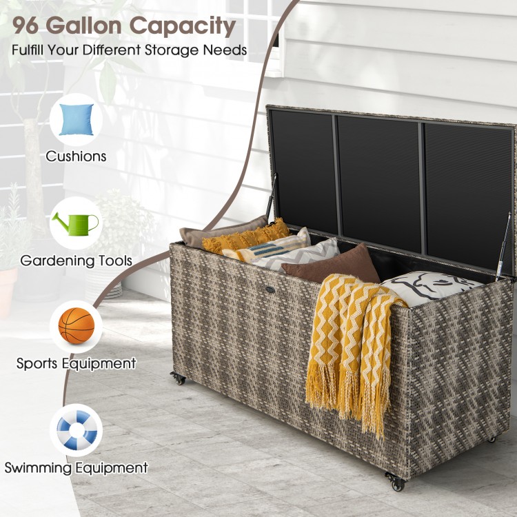 Gray 96 gallon PE wicker outdoor storage box with wheels, ideal for storing cushions and gardening tools.