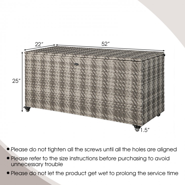 Gray 96-gallon PE wicker outdoor storage box with wheels, featuring a waterproof liner for dry storage and easy.