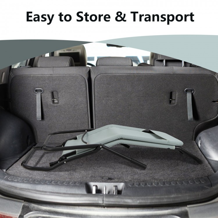 Folding light green patio chaise lounge in a car trunk, designed for easy transport and storage. Ideal for outdoor.