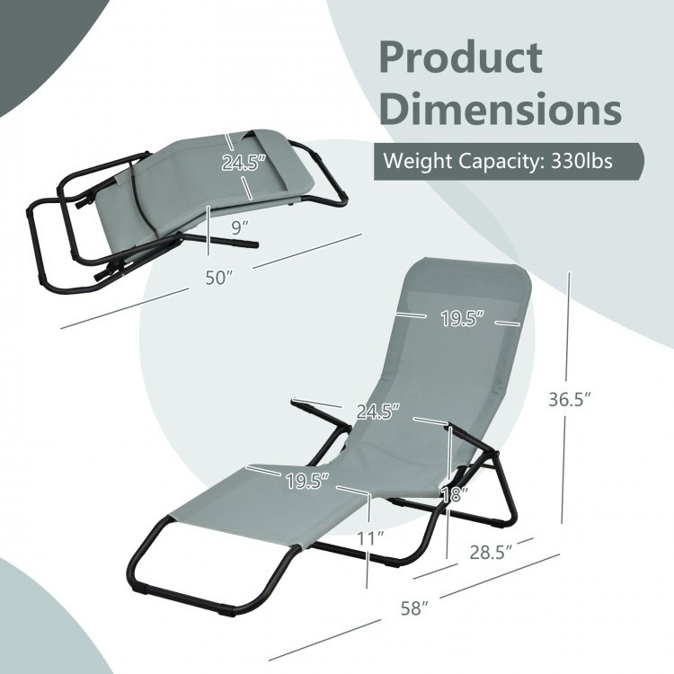 Folding portable patio chaise lounger in light green with rocking design, ergonomic backrest, and breathable fabric for.