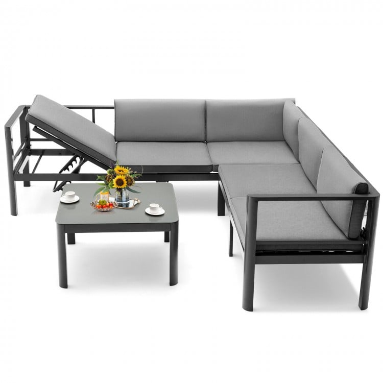 L-shaped aluminum patio sofa set in gray with adjustable backrest and tempered glass table, perfect for indoor or.