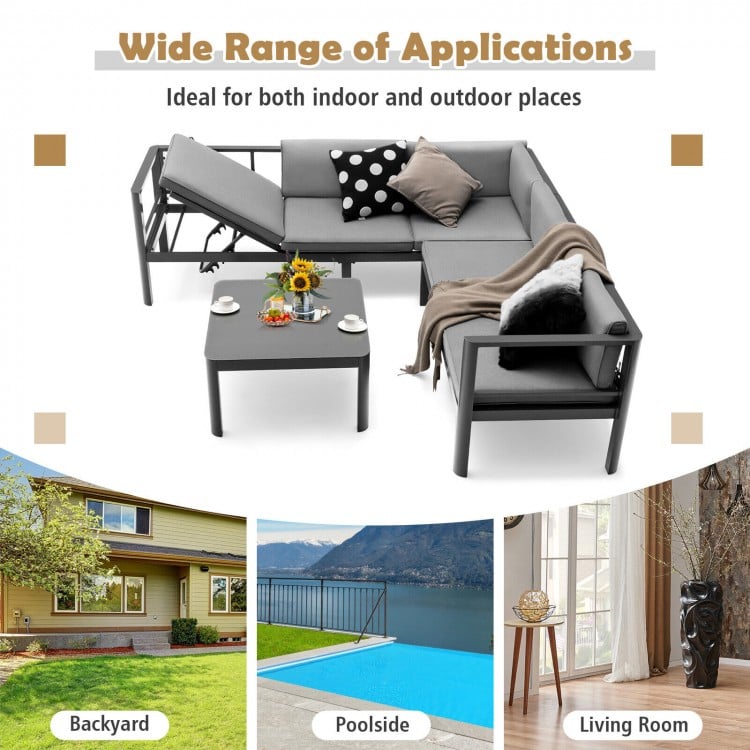 3-piece aluminum patio furniture set with gray cushions, featuring a 6-level adjustable backrest for versatile seating.