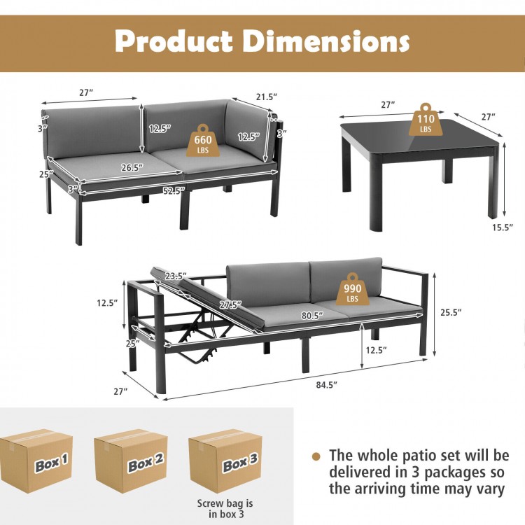 3-piece aluminum patio furniture set featuring a 3-seat sofa with adjustable backrest and tempered glass tabletop for.