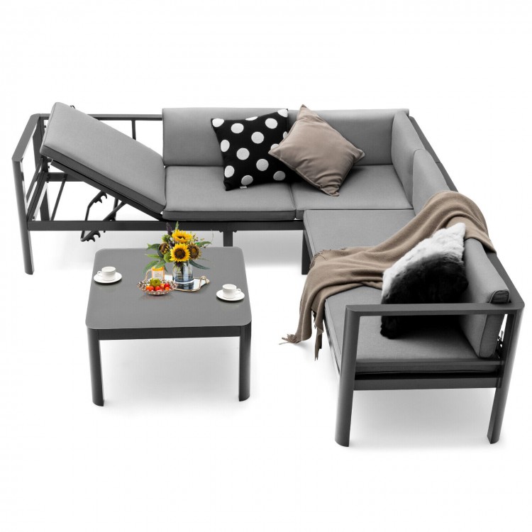Gray 3-piece aluminum patio furniture set with adjustable backrest, cushions, and tempered glass tabletop for.
