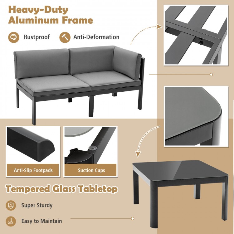 3-piece aluminum patio furniture set with gray cushions and tempered glass tabletop, perfect for indoor and outdoor use.