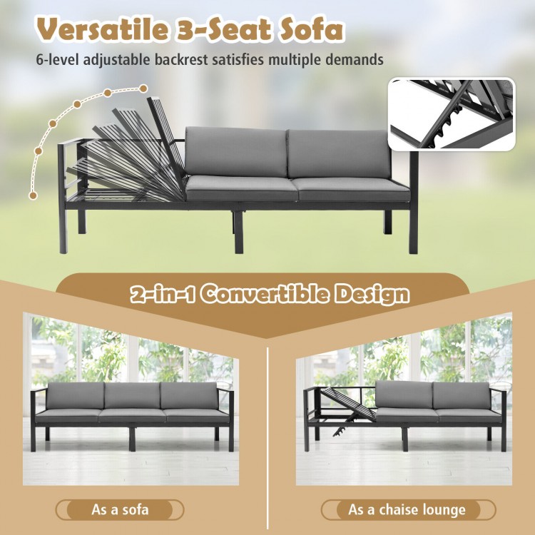 3-seat aluminum patio sofa with 6-level adjustable backrest, gray cushions, perfect for indoor or outdoor use.