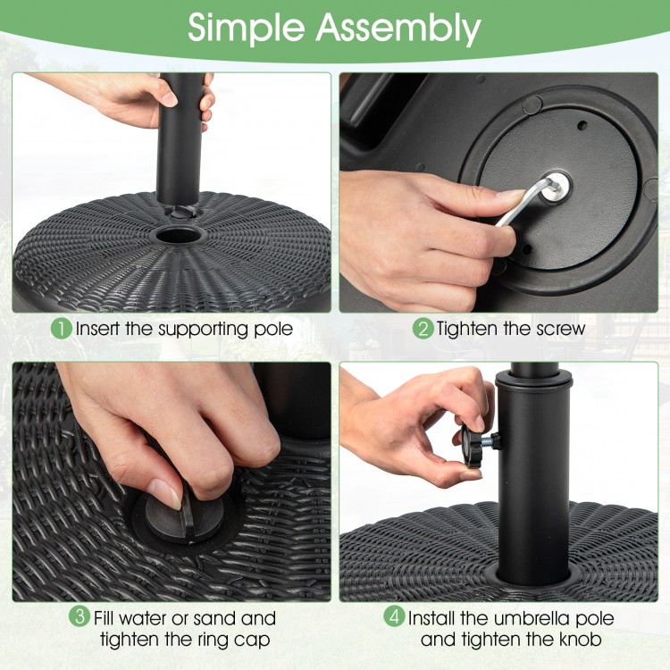 Heavy-duty 18-inch round umbrella base stand with fillable reservoir for stability, designed for easy assembly and.