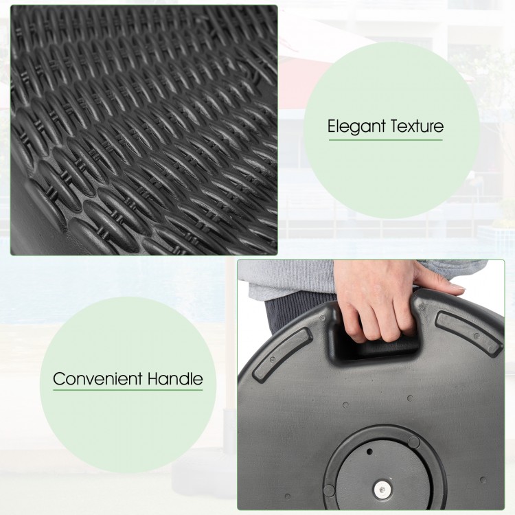 Close-up of the 18-inch heavy-duty umbrella base stand showcasing its elegant texture and convenient handle for easy.