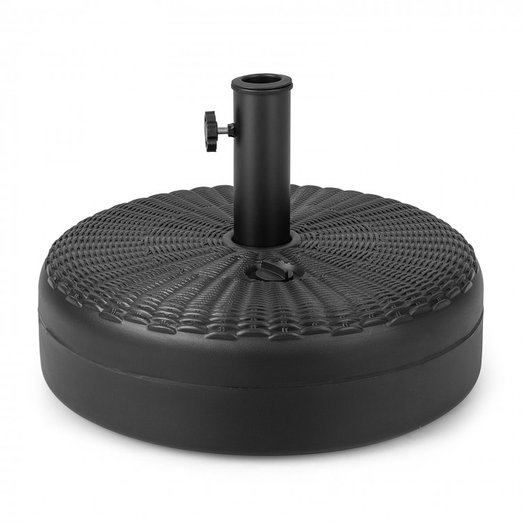 Heavy-duty 18-inch round umbrella base stand made of HDPE, fillable with sand or water for stability, ideal for patios.