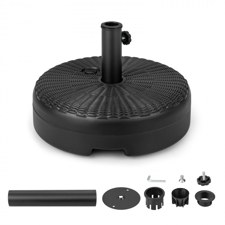 Heavy-duty 18-inch round umbrella base stand with fillable reservoir, made of durable HDPE, ideal for patio and garden.