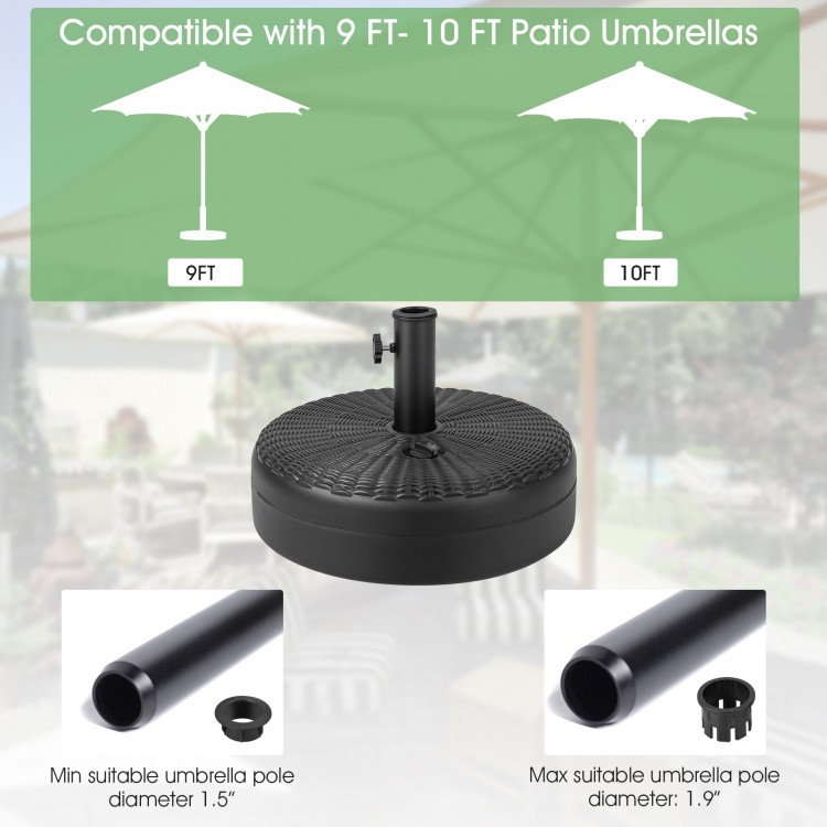 Heavy-duty 18-inch round umbrella base stand, fillable with sand or water, compatible with 1.5" and 1.9" poles for.
