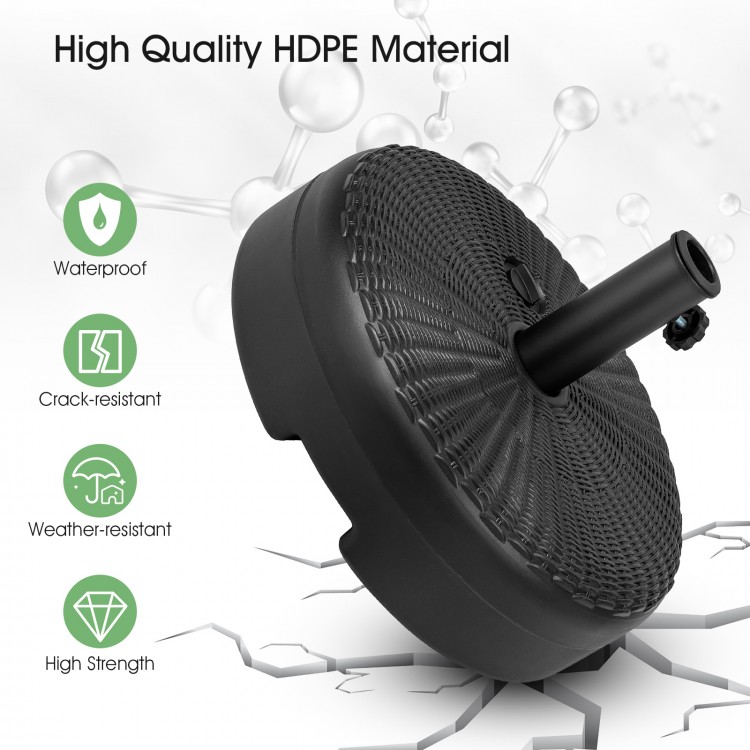 Heavy-duty 18-inch round umbrella base stand made of high-strength HDPE, waterproof and crack-resistant for stability.
