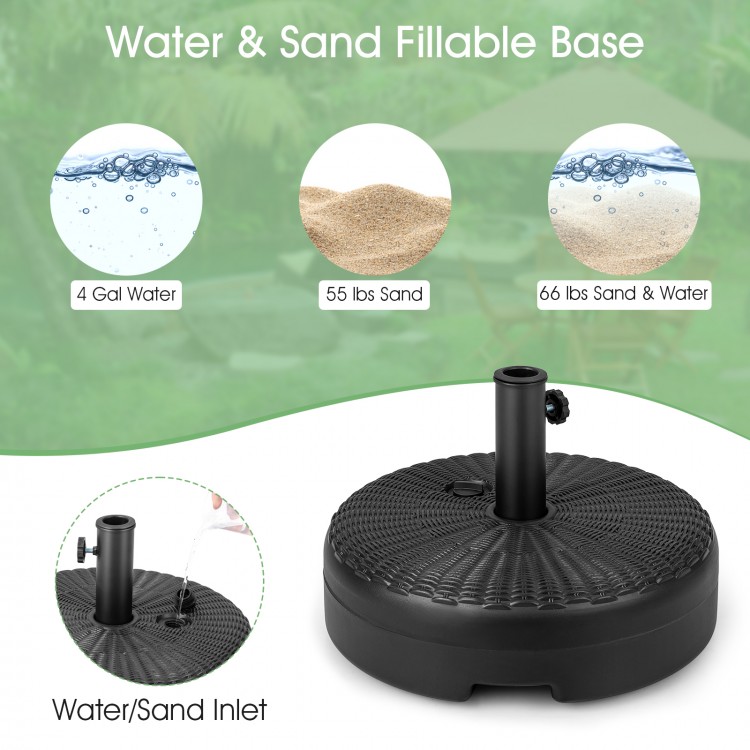 Heavy-duty 18-inch round umbrella base stand, fillable with sand or water for stability, suitable for patio and garden.