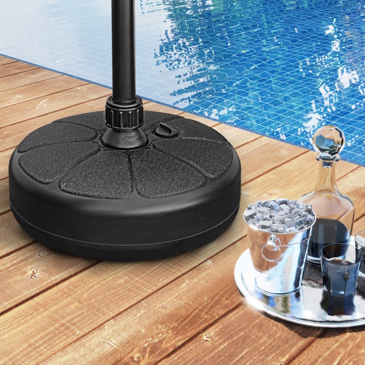 Fillable round umbrella base stand made of durable HDPE, designed for stability at poolside or garden use.