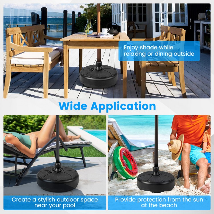 Fillable 27 lbs round umbrella base stand made of HDPE, ideal for patio and poolside stability and protection.