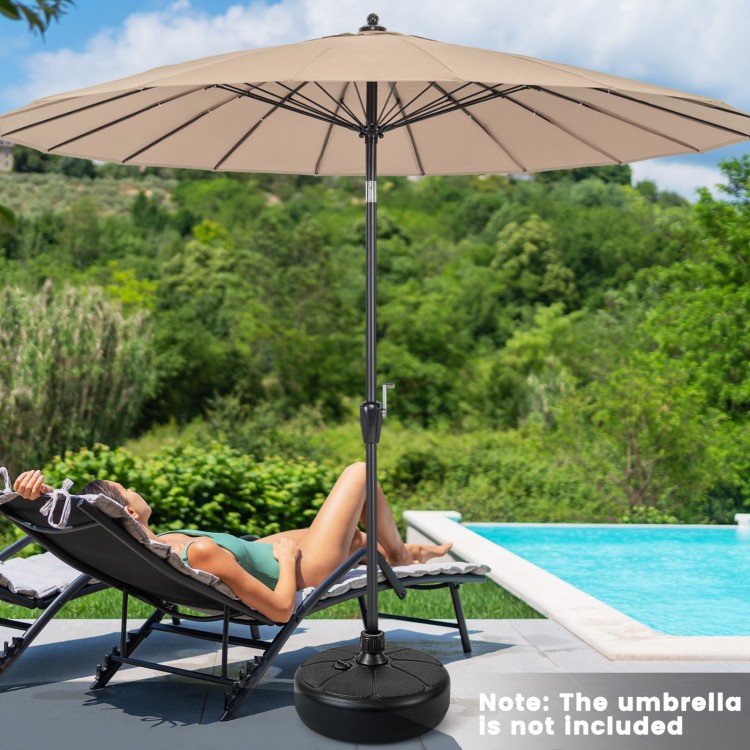 Fillable round umbrella base stand made of HDPE, designed for stability at poolside or patio, with storage groove.