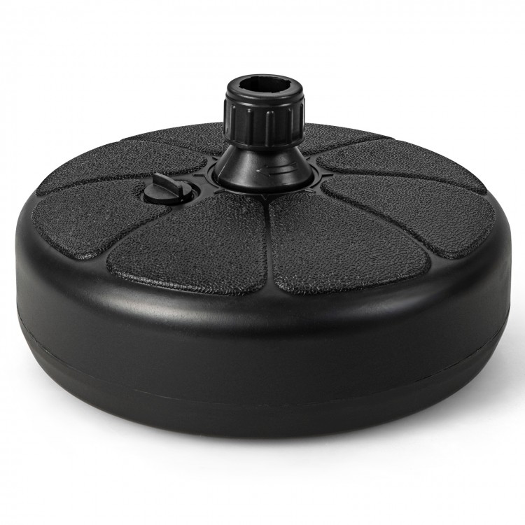 Fillable 27 lbs round umbrella base stand made of HDPE, designed for stability and easy transport for outdoor use.
