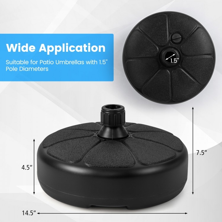 Fillable 27 lbs round umbrella base stand made of HDPE, suitable for 1.5" pole diameters, ideal for outdoor stability.