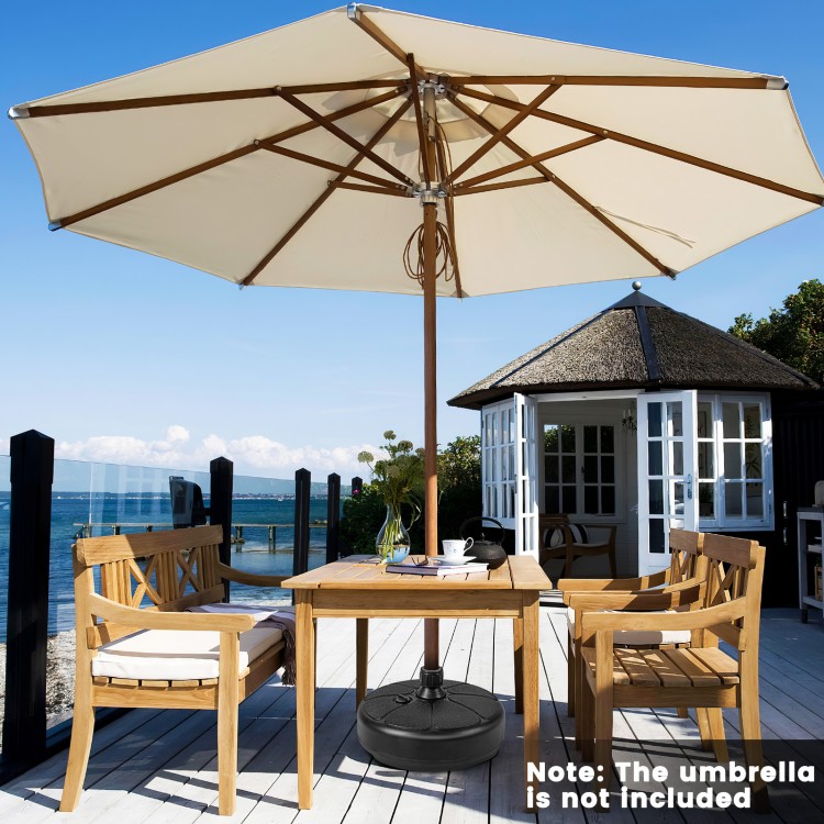 Fillable round umbrella base stand made of HDPE, designed for stability in outdoor settings like patios and gardens.