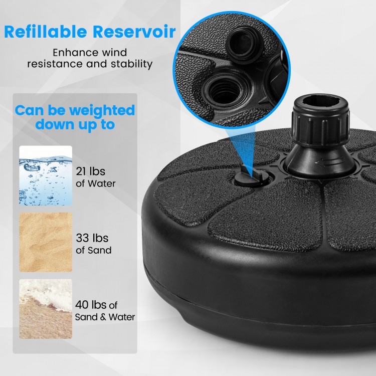 Fillable round umbrella base stand with a large reservoir for stability, made of durable HDPE, suitable for outdoor use.