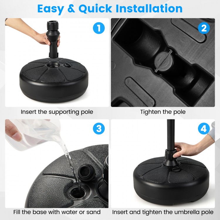 Fillable round umbrella base stand with a large reservoir for stability, designed for easy installation and transport.