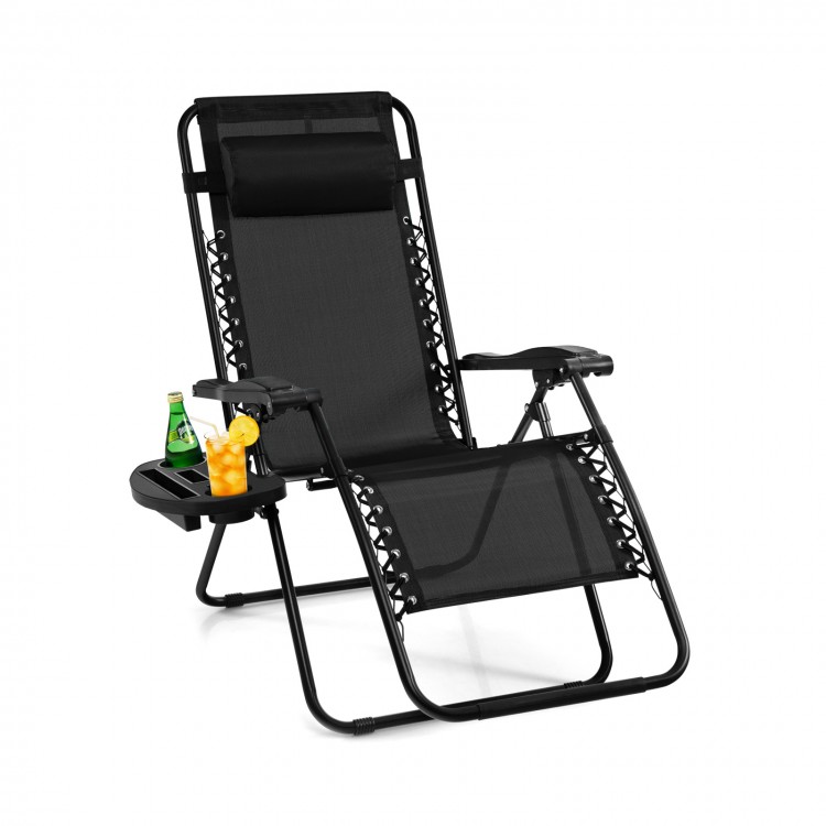 Black outdoor folding zero gravity reclining lounge chair with utility tray, cup holder, and adjustable headrest for.