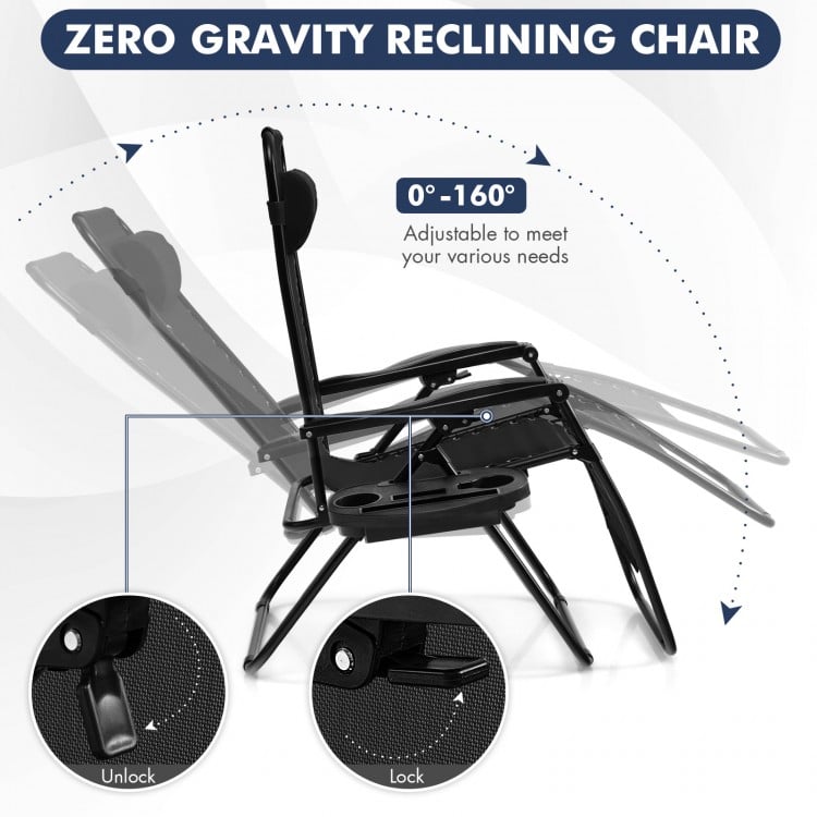 Zero gravity reclining lounge chair in black with adjustable headrest and utility tray, perfect for outdoor relaxation.