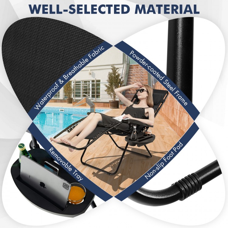 Zero gravity reclining lounge chair in black with a steel frame, removable tray, and headrest for outdoor relaxation.