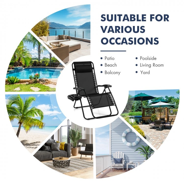 Outdoor folding zero gravity reclining lounge chair in black, featuring a removable headrest and utility tray for.